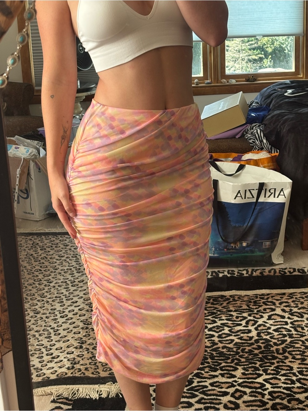 Sage Pastel Pink Multi-Color Ruched Midi Skirt